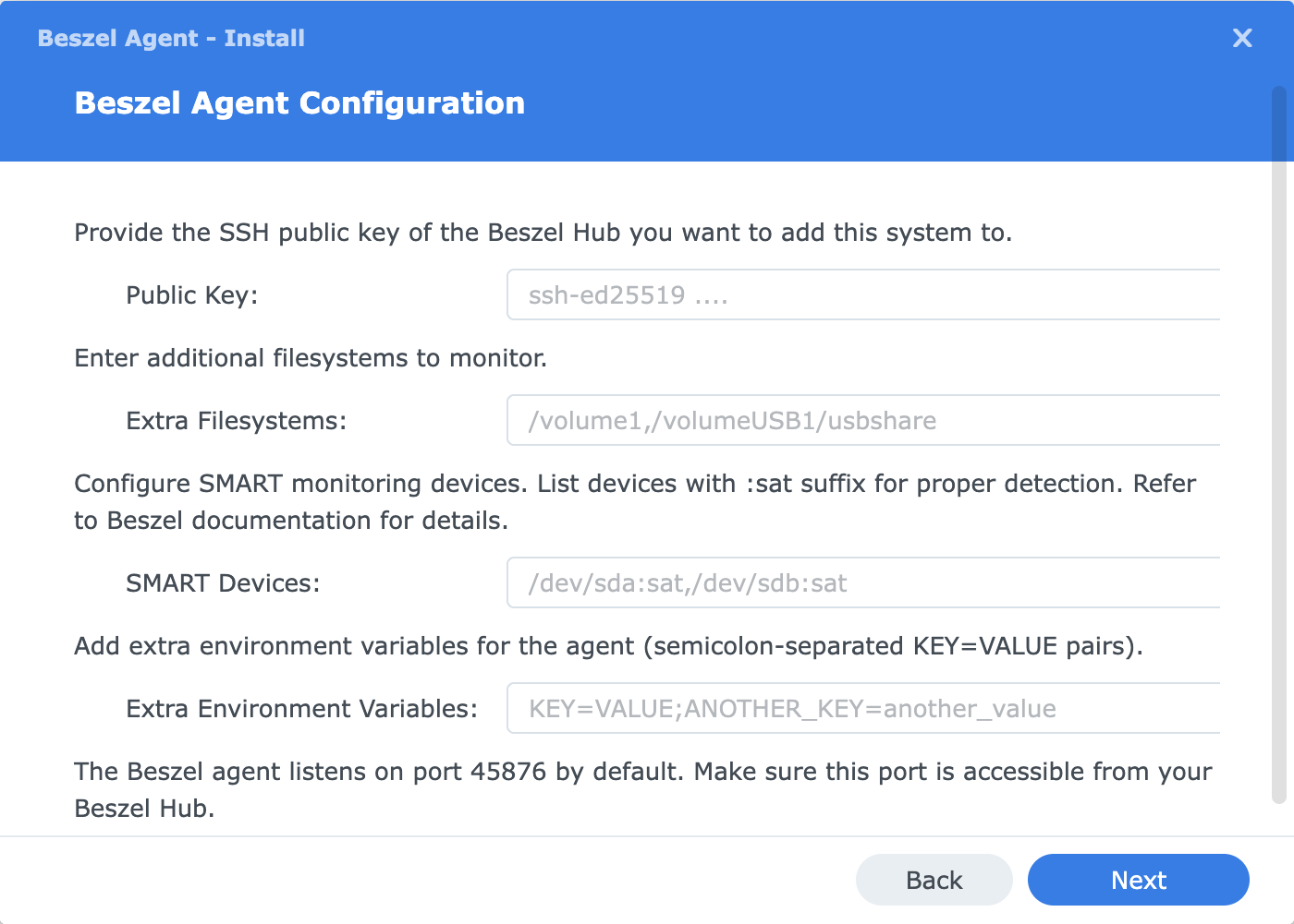 Beszel agent package configuration screen